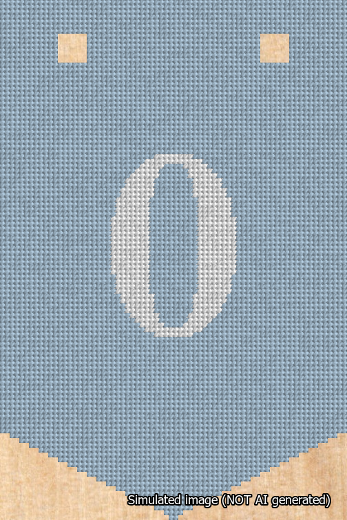 A simulated image of the stitched needlepoint design: Banner 18m Pointed 0 White on Light Blue. Not A.I. generated.
