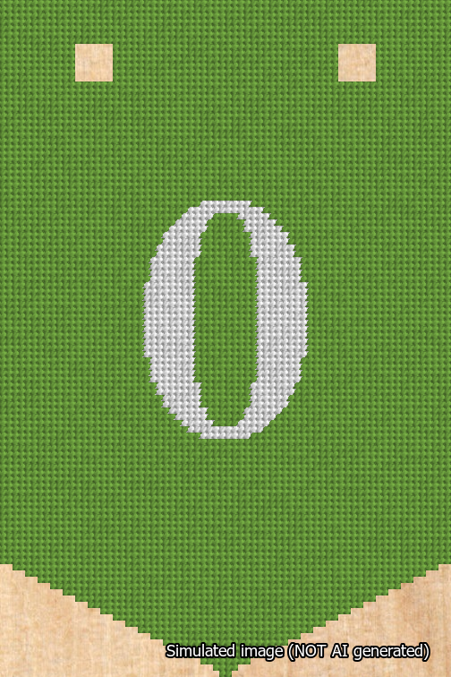 A simulated image of the stitched needlepoint design: Banner 18m Pointed 0 White on Light Green. Not A.I. generated.