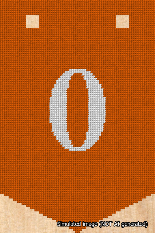 A simulated image of the stitched needlepoint design: Banner 18m Pointed 0 White on Orange. Not A.I. generated.
