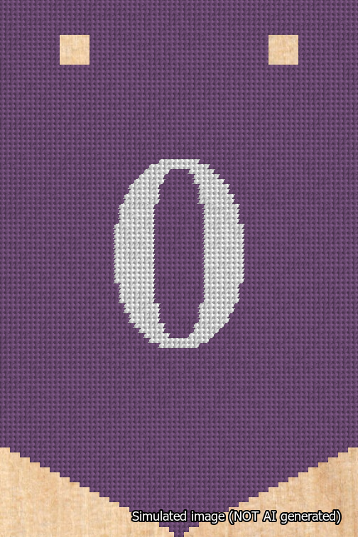 A simulated image of the stitched needlepoint design: Banner 18m Pointed 0 White on Purple. Not A.I. generated.