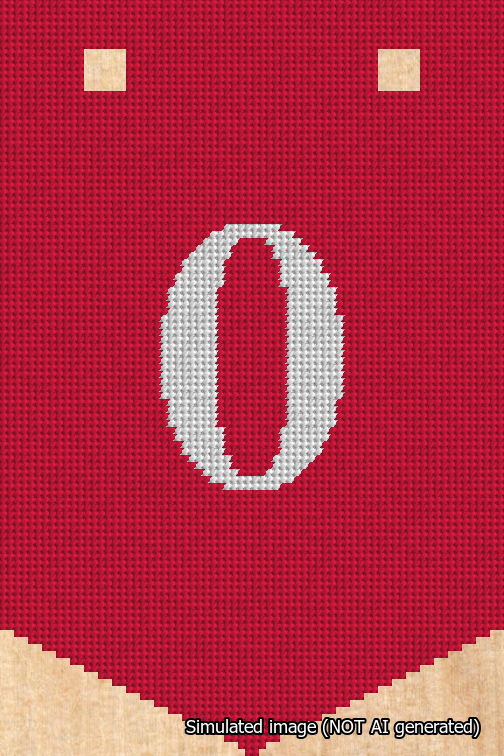 A simulated image of the stitched needlepoint design: Banner 18m Pointed 0 White on Red. Not A.I. generated.