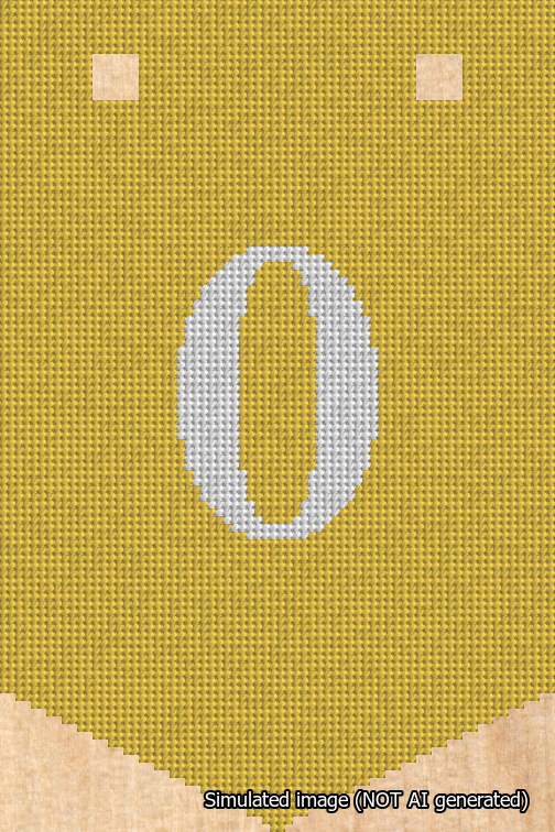 A simulated image of the stitched needlepoint design: Banner 18m Pointed 0 White on Yellow. Not A.I. generated.