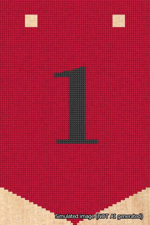 A simulated image of the stitched needlepoint design: Banner 18m Pointed 1 Black on Red. Not A.I. generated.