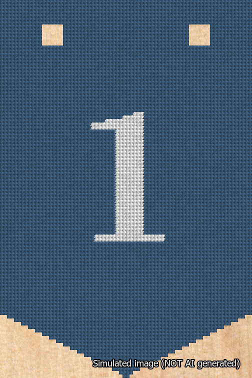 A simulated image of the stitched needlepoint design: Banner 18m Pointed 1 White on Blue. Not A.I. generated.