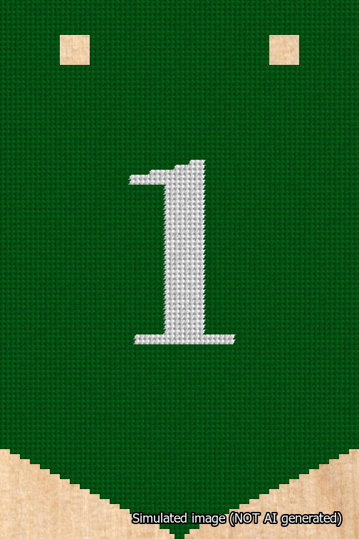 A simulated image of the stitched needlepoint design: Banner 18m Pointed 1 White on Green. Not A.I. generated.