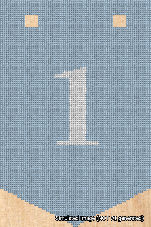 A simulated image of the stitched needlepoint design: Banner 18m Pointed 1 White on Light Blue. Not A.I. generated.