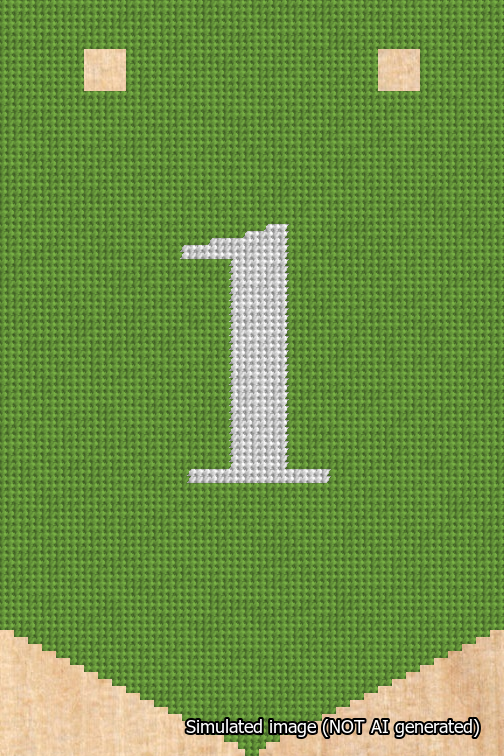 A simulated image of the stitched needlepoint design: Banner 18m Pointed 1 White on Light Green. Not A.I. generated.