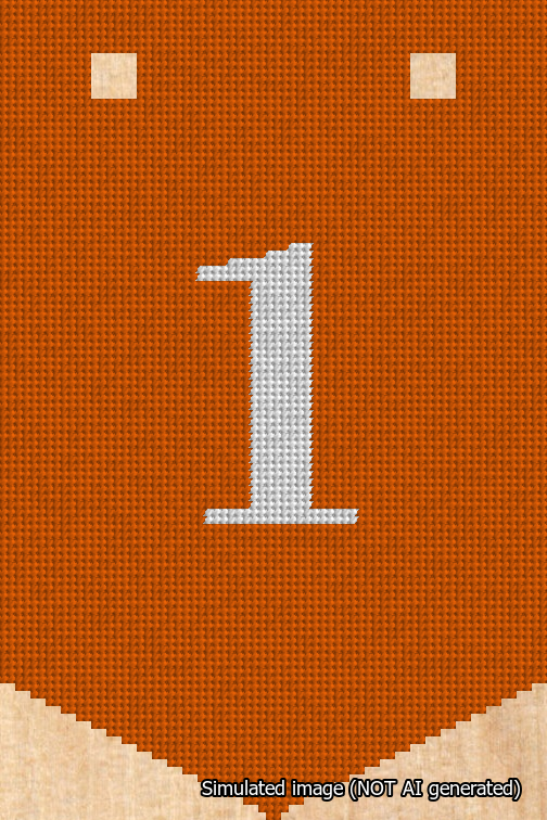 A simulated image of the stitched needlepoint design: Banner 18m Pointed 1 White on Orange. Not A.I. generated.