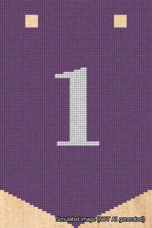 A simulated image of the stitched needlepoint design: Banner 18m Pointed 1 White on Purple. Not A.I. generated.