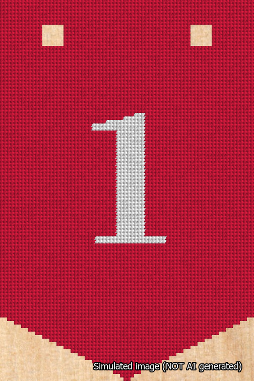 A simulated image of the stitched needlepoint design: Banner 18m Pointed 1 White on Red. Not A.I. generated.