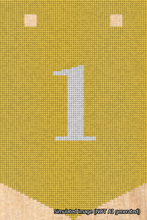 A simulated image of the stitched needlepoint design: Banner 18m Pointed 1 White on Yellow. Not A.I. generated.