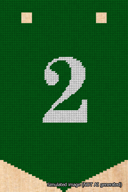 A simulated image of the stitched needlepoint design: Banner 18m Pointed 2 White on Green. Not A.I. generated.