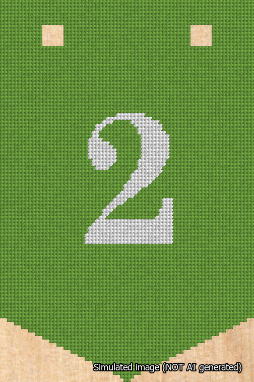 A simulated image of the stitched needlepoint design: Banner 18m Pointed 2 White on Light Green. Not A.I. generated.