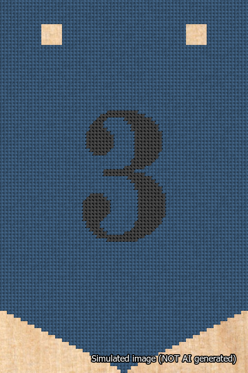 A simulated image of the stitched needlepoint design: Banner 18m Pointed 3 Black on Blue. Not A.I. generated.