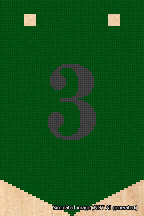 A simulated image of the stitched needlepoint design: Banner 18m Pointed 3 Black on Green. Not A.I. generated.