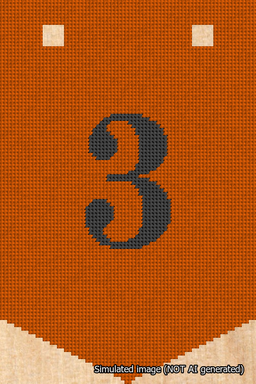 A simulated image of the stitched needlepoint design: Banner 18m Pointed 3 Black on Orange. Not A.I. generated.