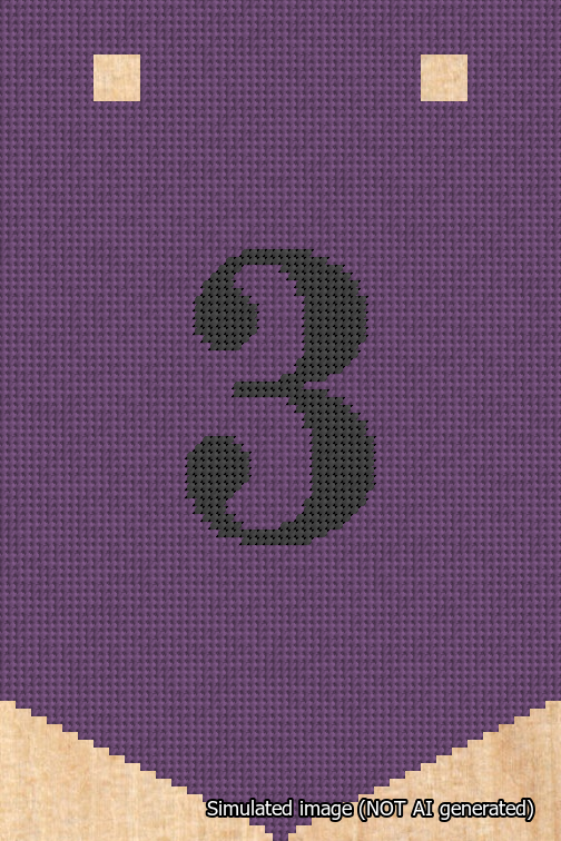 A simulated image of the stitched needlepoint design: Banner 18m Pointed 3 Black on Purple. Not A.I. generated.