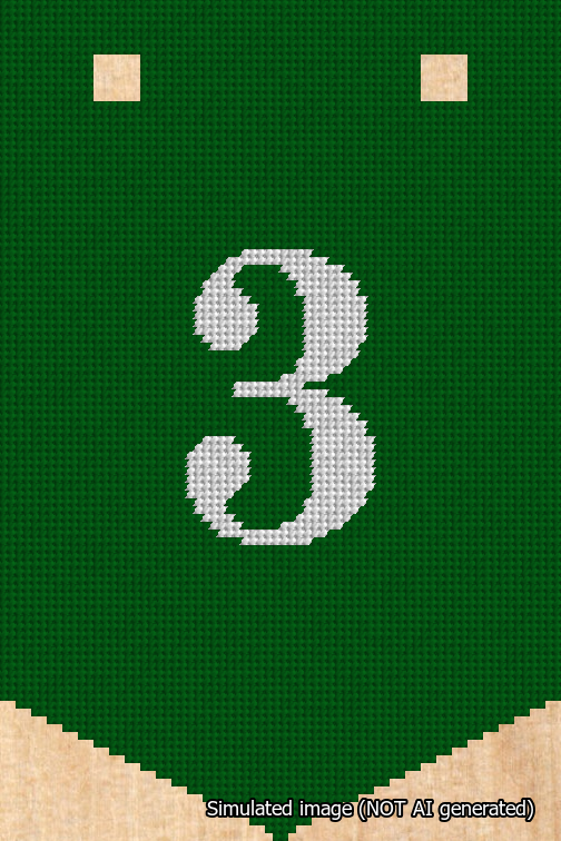 A simulated image of the stitched needlepoint design: Banner 18m Pointed 3 White on Green. Not A.I. generated.