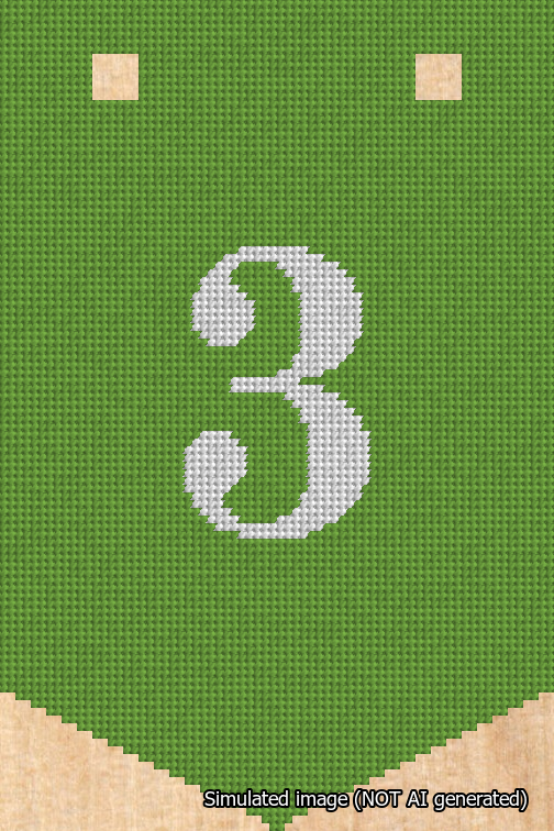 A simulated image of the stitched needlepoint design: Banner 18m Pointed 3 White on Light Green. Not A.I. generated.