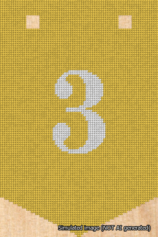 A simulated image of the stitched needlepoint design: Banner 18m Pointed 3 White on Yellow. Not A.I. generated.