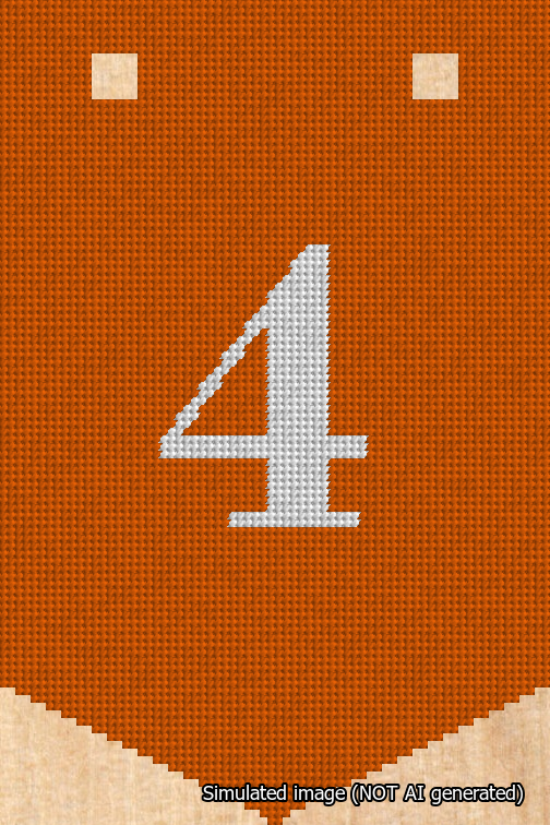 A simulated image of the stitched needlepoint design: Banner 18m Pointed 4 White on Orange. Not A.I. generated.