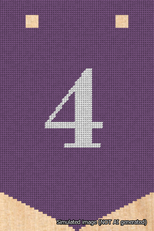 A simulated image of the stitched needlepoint design: Banner 18m Pointed 4 White on Purple. Not A.I. generated.