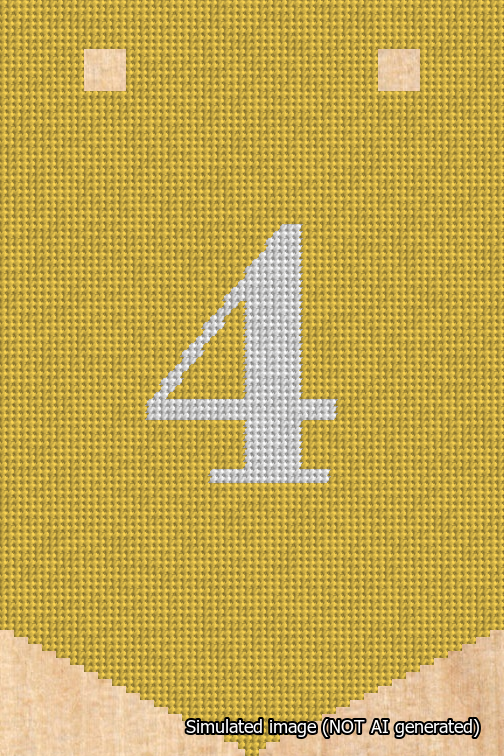 A simulated image of the stitched needlepoint design: Banner 18m Pointed 4 White on Yellow. Not A.I. generated.