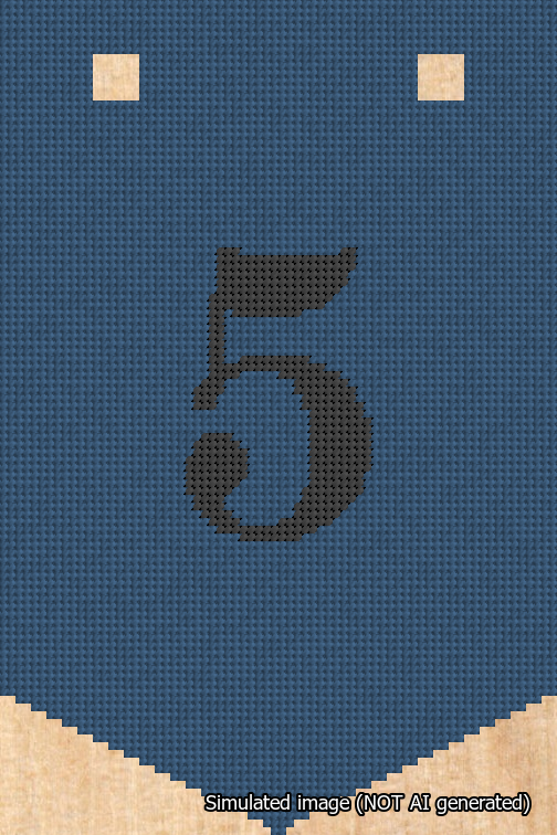 A simulated image of the stitched needlepoint design: Banner 18m Pointed 5 Black on Blue. Not A.I. generated.