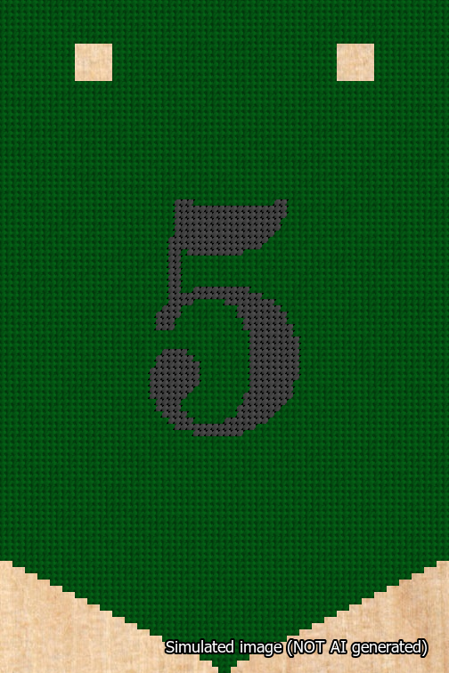 A simulated image of the stitched needlepoint design: Banner 18m Pointed 5 Black on Green. Not A.I. generated.