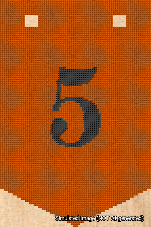 A simulated image of the stitched needlepoint design: Banner 18m Pointed 5 Black on Orange. Not A.I. generated.