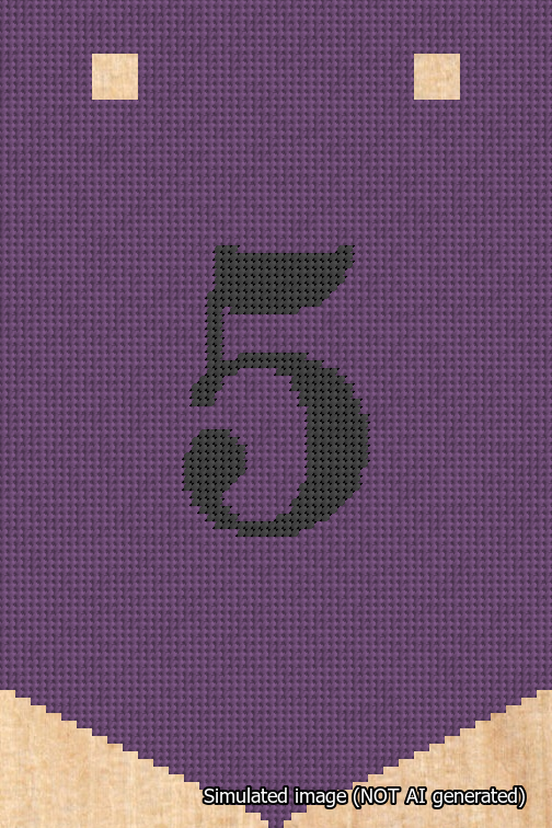 A simulated image of the stitched needlepoint design: Banner 18m Pointed 5 Black on Purple. Not A.I. generated.