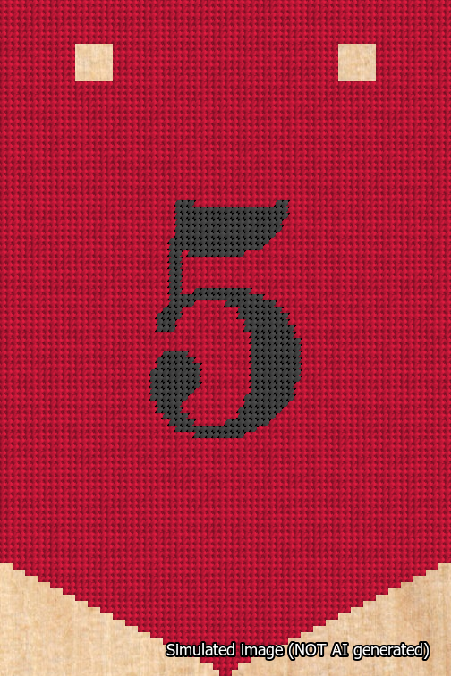 A simulated image of the stitched needlepoint design: Banner 18m Pointed 5 Black on Red. Not A.I. generated.