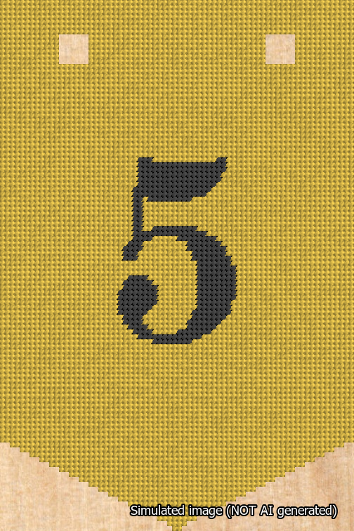 A simulated image of the stitched needlepoint design: Banner 18m Pointed 5 Black on Yellow. Not A.I. generated.