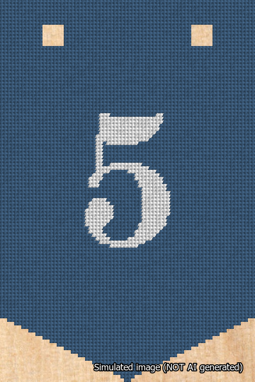 A simulated image of the stitched needlepoint design: Banner 18m Pointed 5 White on Blue. Not A.I. generated.