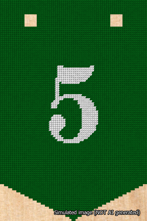 A simulated image of the stitched needlepoint design: Banner 18m Pointed 5 White on Green. Not A.I. generated.