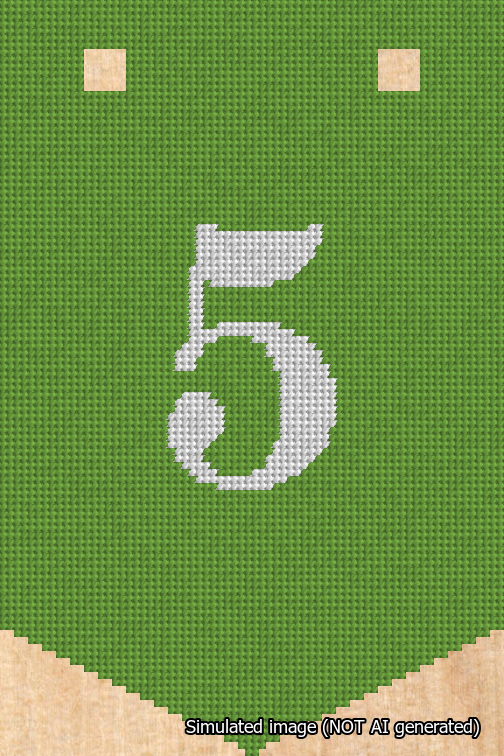 A simulated image of the stitched needlepoint design: Banner 18m Pointed 5 White on Light Green. Not A.I. generated.