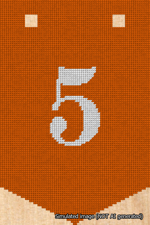 A simulated image of the stitched needlepoint design: Banner 18m Pointed 5 White on Orange. Not A.I. generated.