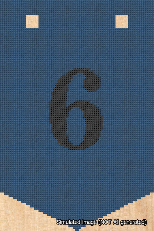 A simulated image of the stitched needlepoint design: Banner 18m Pointed 6 Black on Blue. Not A.I. generated.