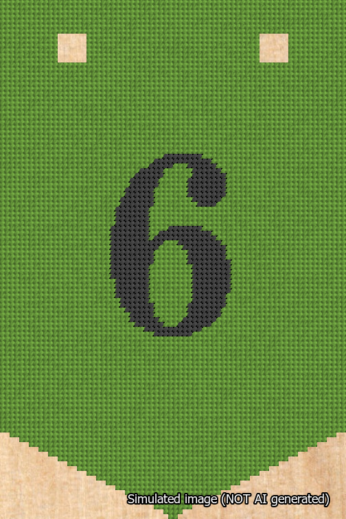 A simulated image of the stitched needlepoint design: Banner 18m Pointed 6 Black on Light Green. Not A.I. generated.
