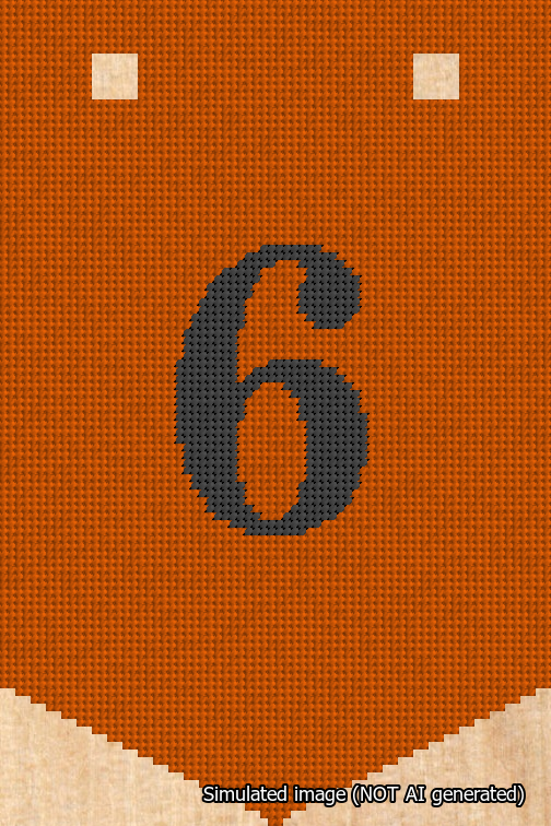 A simulated image of the stitched needlepoint design: Banner 18m Pointed 6 Black on Orange. Not A.I. generated.
