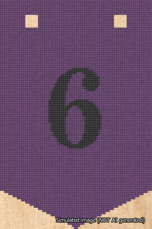 A simulated image of the stitched needlepoint design: Banner 18m Pointed 6 Black on Purple. Not A.I. generated.