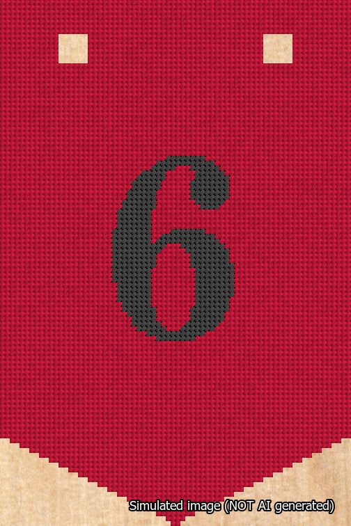 A simulated image of the stitched needlepoint design: Banner 18m Pointed 6 Black on Red. Not A.I. generated.