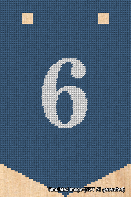 A simulated image of the stitched needlepoint design: Banner 18m Pointed 6 White on Blue. Not A.I. generated.