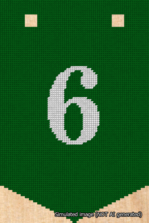 A simulated image of the stitched needlepoint design: Banner 18m Pointed 6 White on Green. Not A.I. generated.