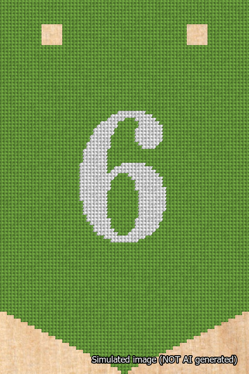 A simulated image of the stitched needlepoint design: Banner 18m Pointed 6 White on Light Green. Not A.I. generated.