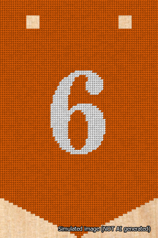 A simulated image of the stitched needlepoint design: Banner 18m Pointed 6 White on Orange. Not A.I. generated.