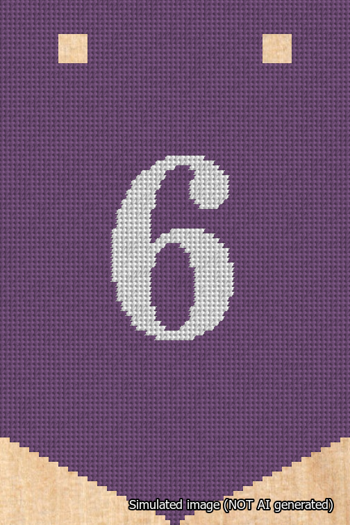 A simulated image of the stitched needlepoint design: Banner 18m Pointed 6 White on Purple. Not A.I. generated.