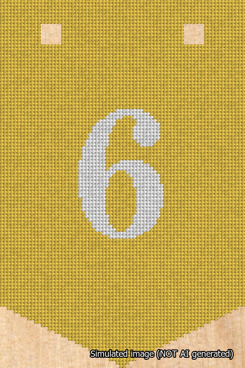 A simulated image of the stitched needlepoint design: Banner 18m Pointed 6 White on Yellow. Not A.I. generated.