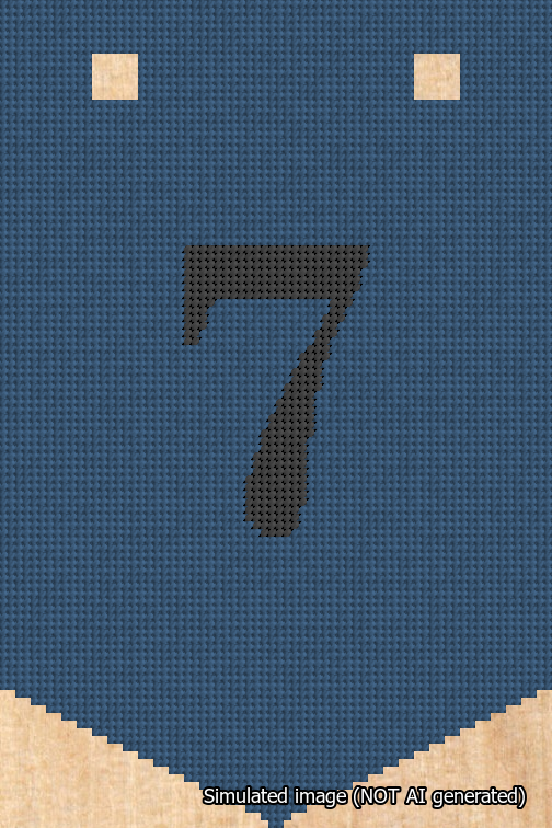 A simulated image of the stitched needlepoint design: Banner 18m Pointed 7 Black on Blue. Not A.I. generated.