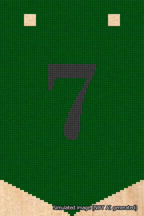 A simulated image of the stitched needlepoint design: Banner 18m Pointed 7 Black on Green. Not A.I. generated.